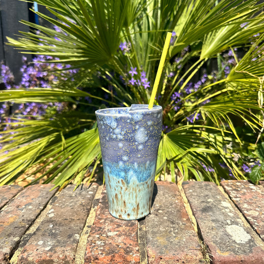 Tall Ceramic Cold Drink Straw Holding Tumbler, Handmade Modern Blue and Purple Cup