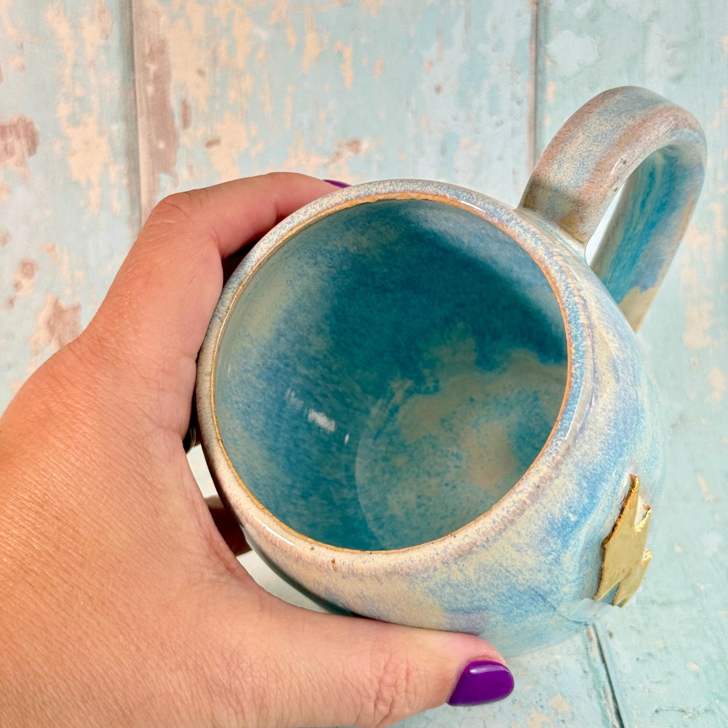 Blue and Gold Lightning Bolt Mug, Handmade Ceramic Cup