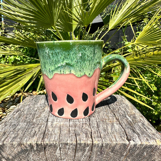 Ceramic Watermelon Mug, Large Pink and Green Cup