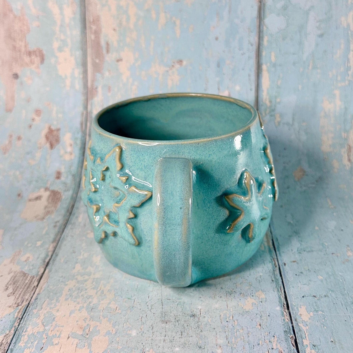 Turquoise Blue Christmas Snowflake Mug, Handmade Ceramic Cup