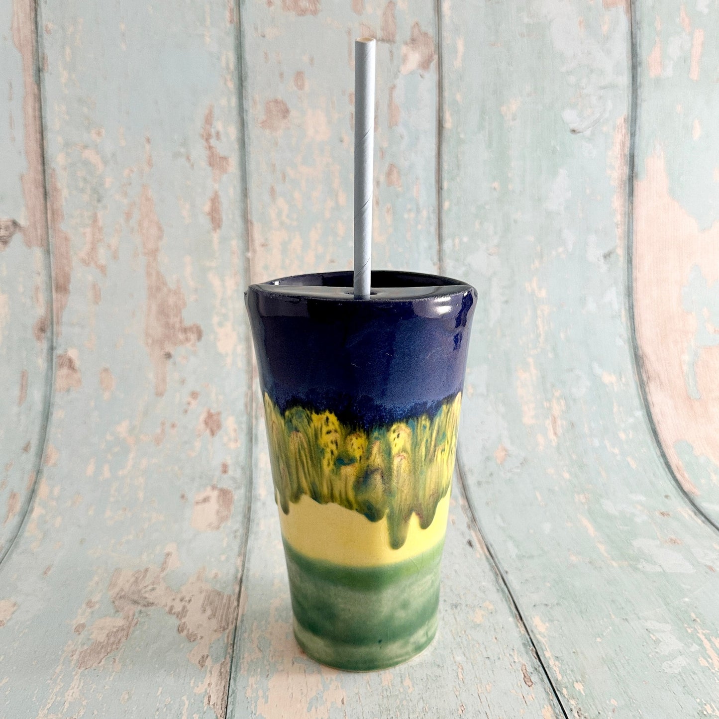 Blue, Yellow and Green Straw-holder Tumbler, Large Ceramic Cup