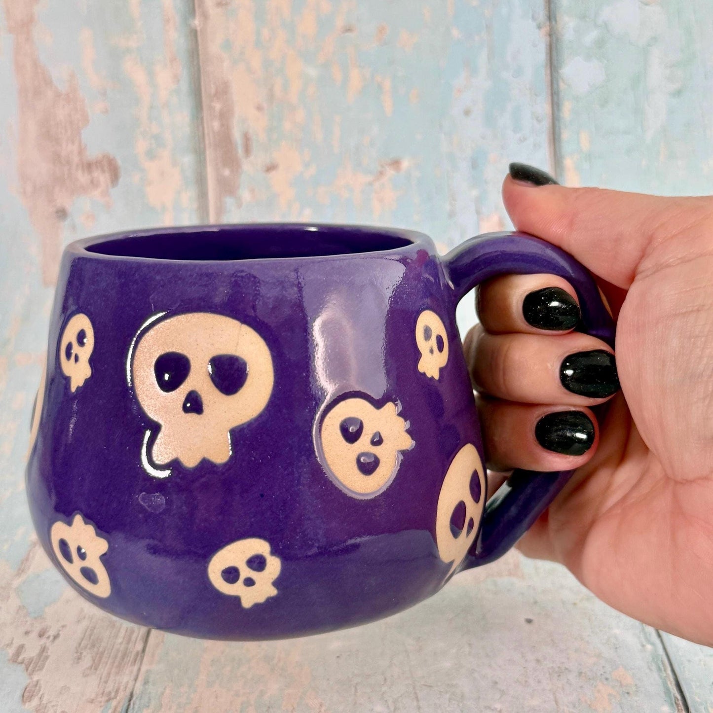 Purple Skull Mug, Handmade Ceramic Cup, Spooky Halloween Mug