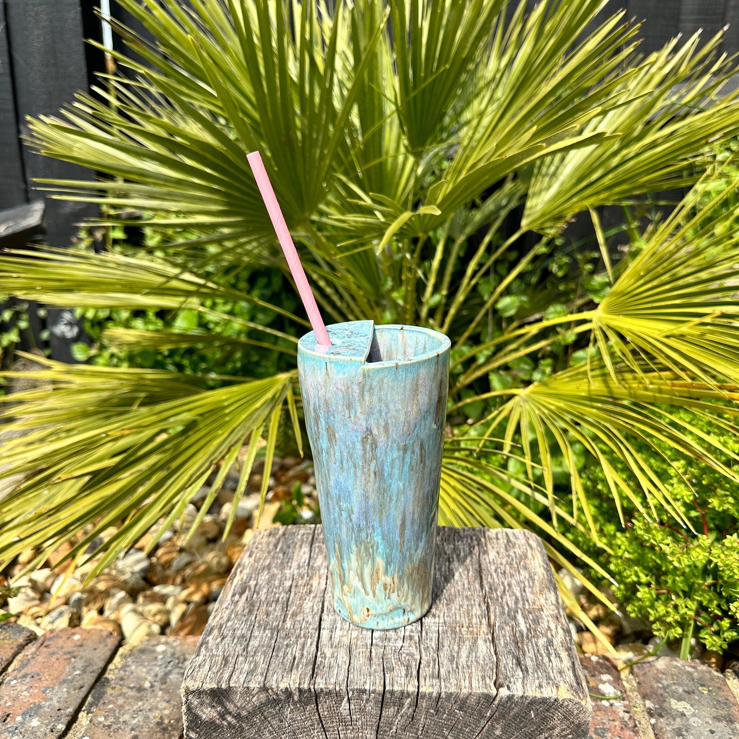 Tall Ceramic Cold Drink Straw Holding Tumbler, Handmade Modern Blue and Pink Cup
