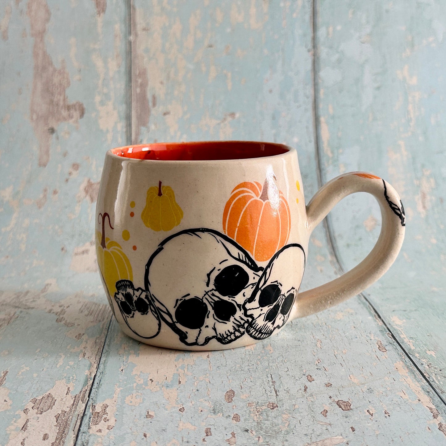 Spooky Halloween Skull and Pumpkin Mug, Orange and Yellow Handmade Ceramic Cup