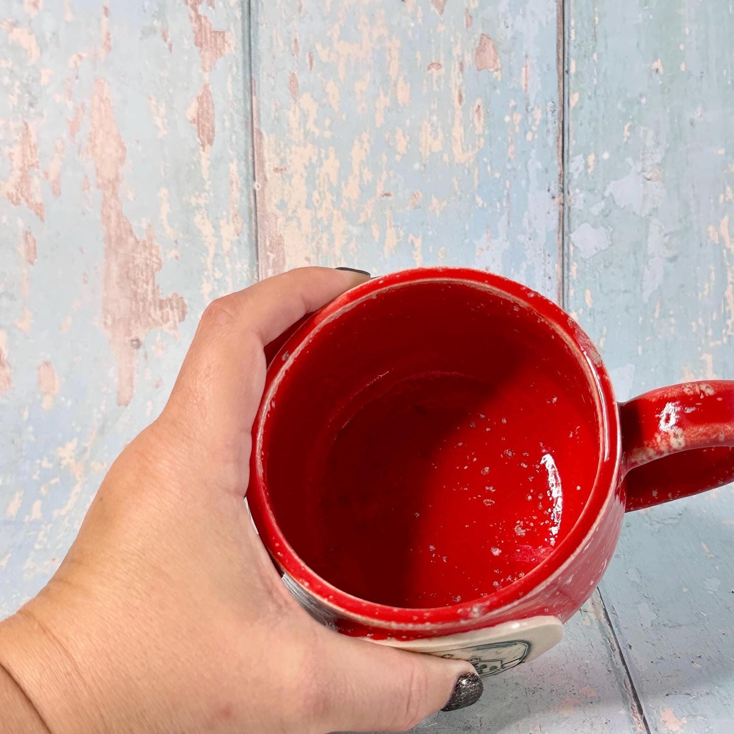 Red Christmas Snow Globe Mug, Handmade Ceramic Cup