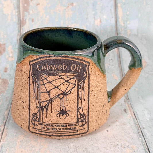 Green "Cobweb oil" Witch Label Mug Halloween Spooky Season Cup