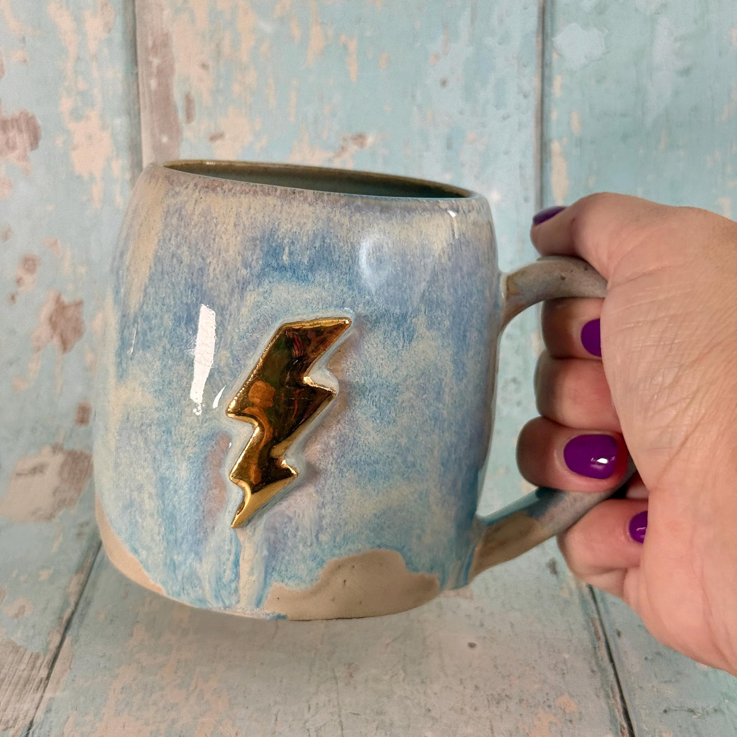 Blue and Gold Lightning Bolt Mug, Handmade Ceramic Cup