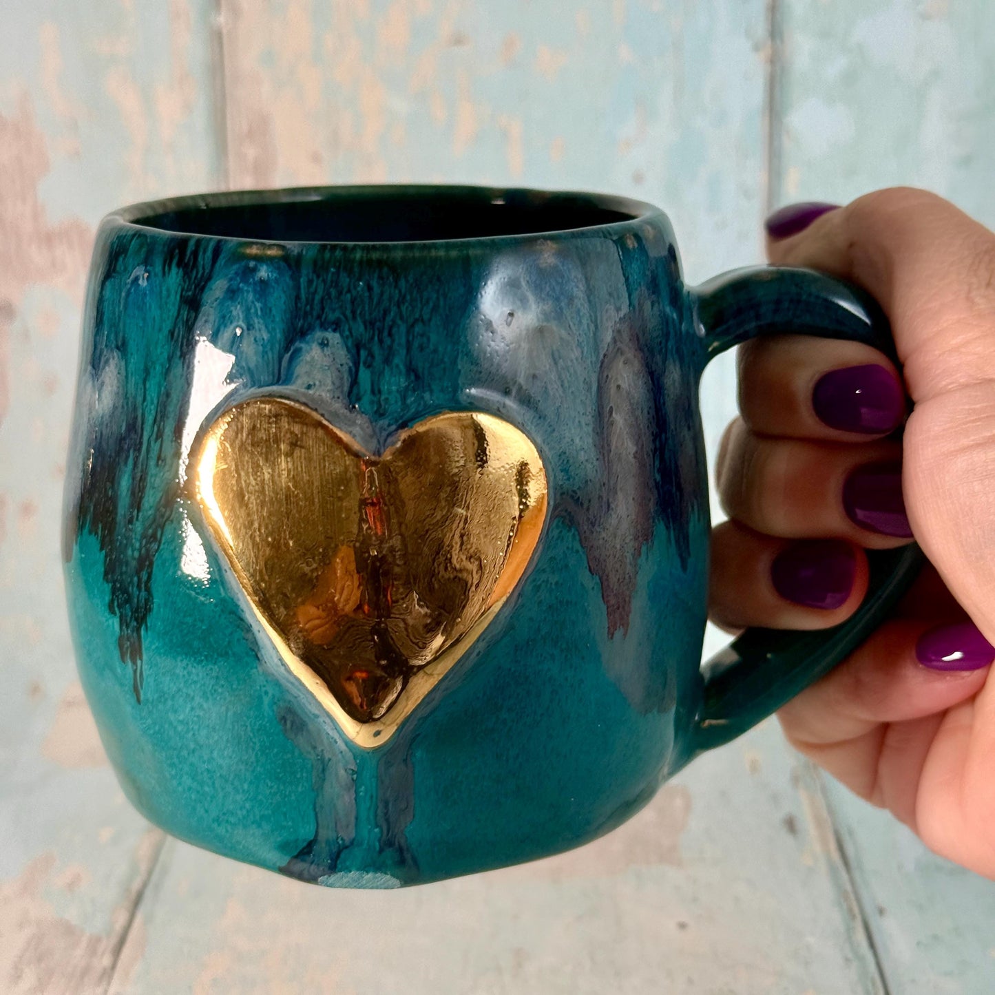 Turquoise, Black and Gold Heart Ceramic Mug, Large Pottery Cup