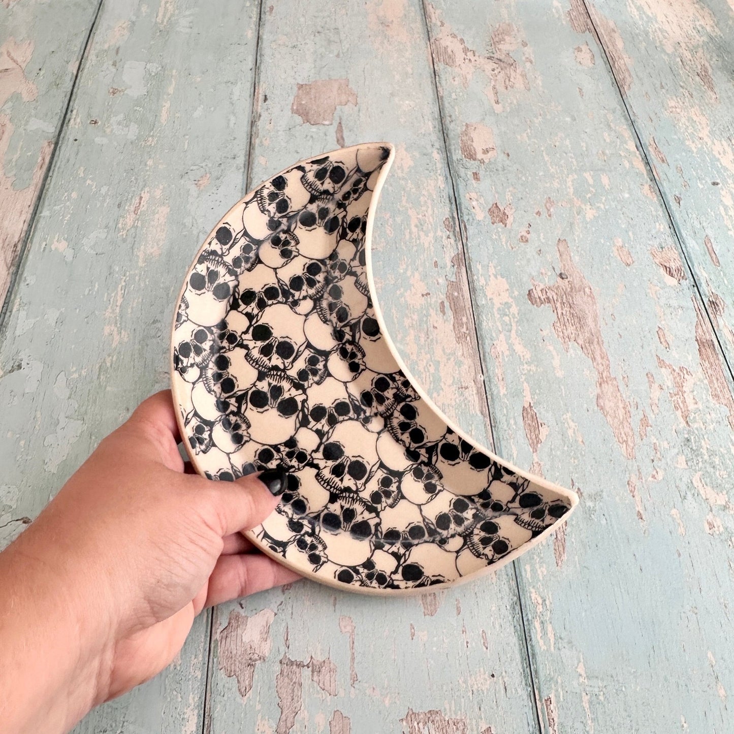 Ceramic Skull Moon Dish, Handmade Bedroom Tray - FJD Ceramics