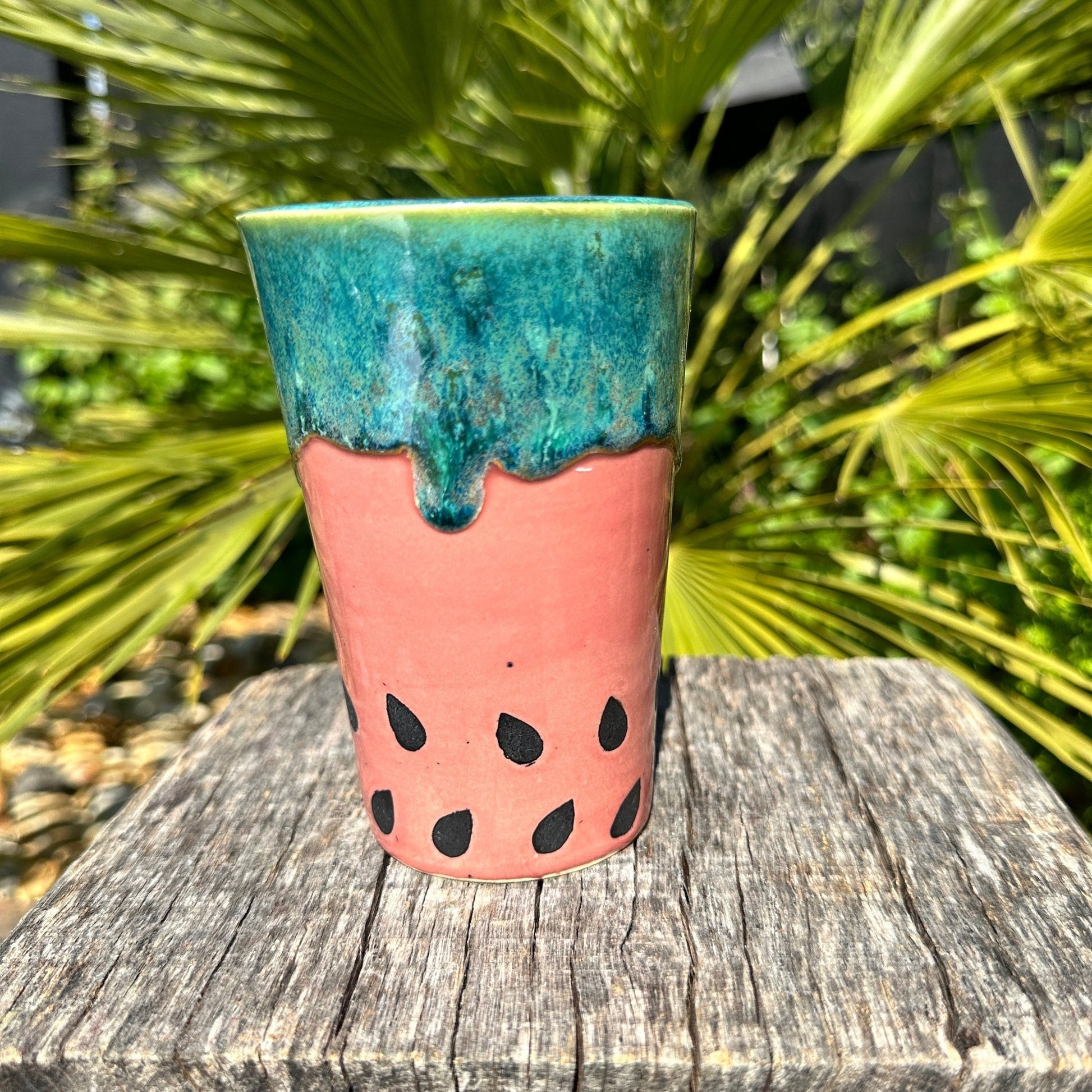 Ceramic Watermelon Drink Tumbler, Large Pink and Green Water Cup - FJD Ceramics
