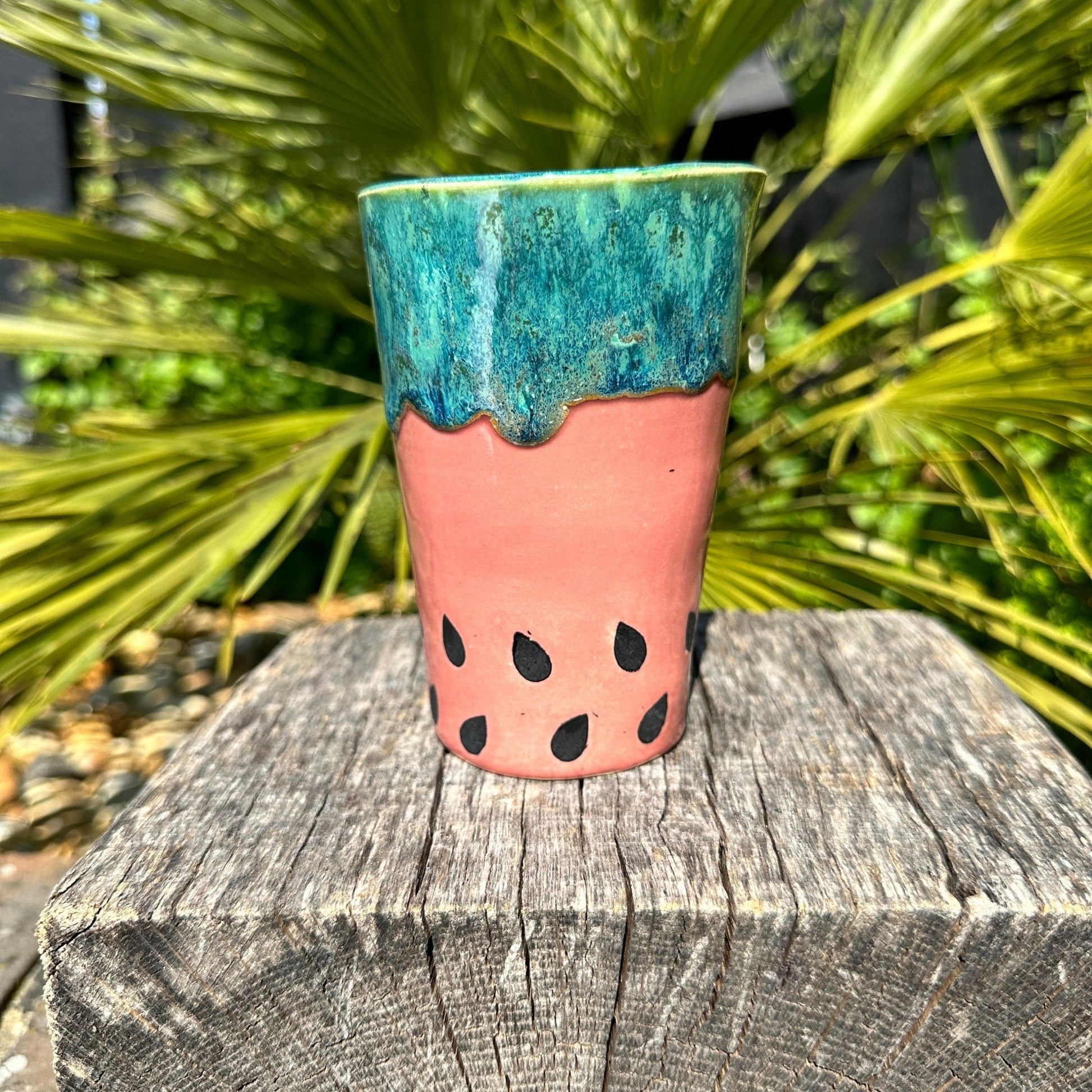 Ceramic Watermelon Drink Tumbler, Large Pink and Green Water Cup - FJD Ceramics