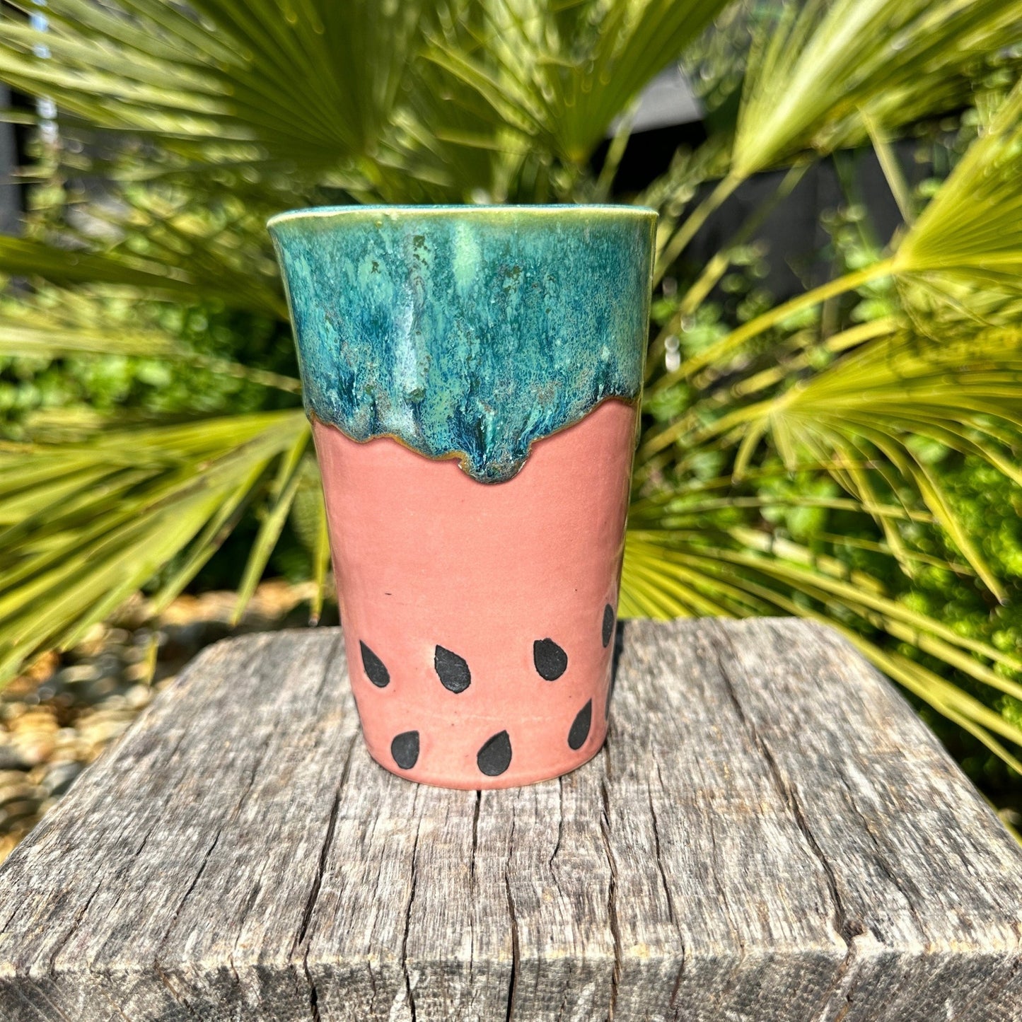 Ceramic Watermelon Drink Tumbler, Large Pink and Green Water Cup - FJD Ceramics