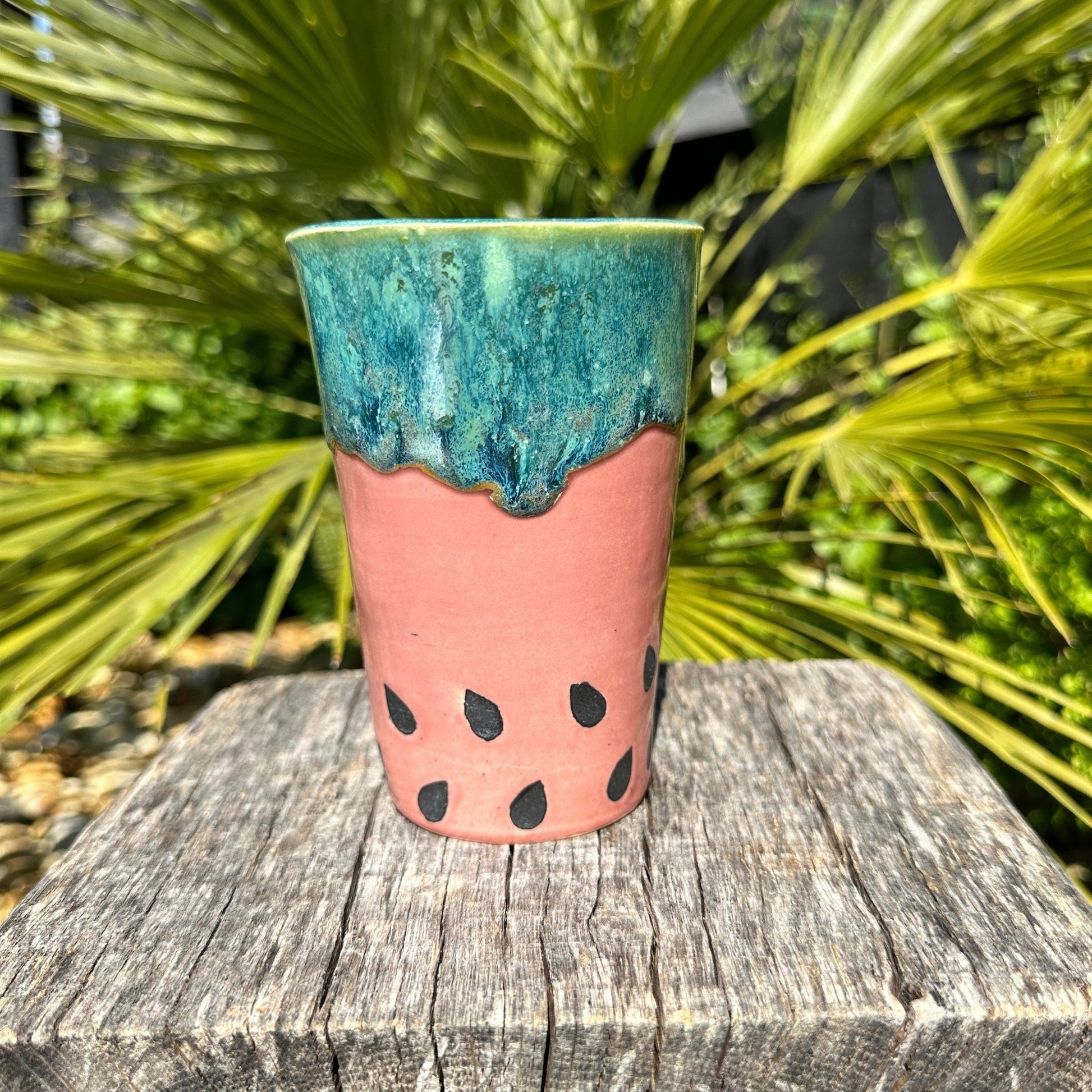 Ceramic Watermelon Drink Tumbler, Large Pink and Green Water Cup - FJD Ceramics