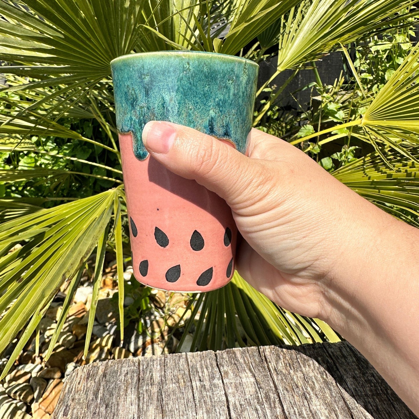 Ceramic Watermelon Drink Tumbler, Large Pink and Green Water Cup - FJD Ceramics