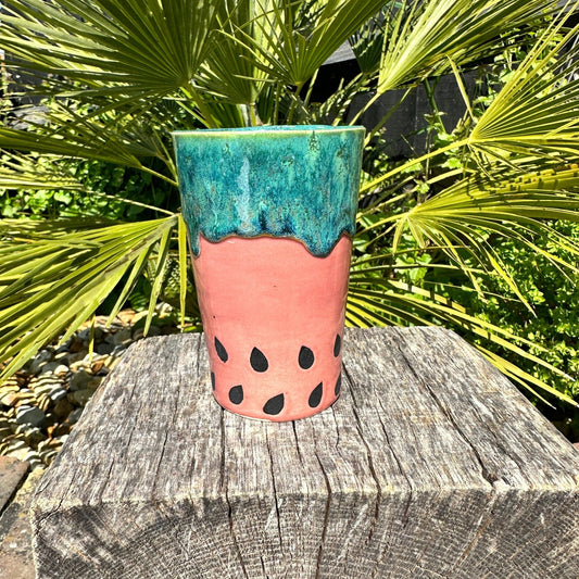 Ceramic Watermelon Drink Tumbler, Large Pink and Green Water Cup - FJD Ceramics