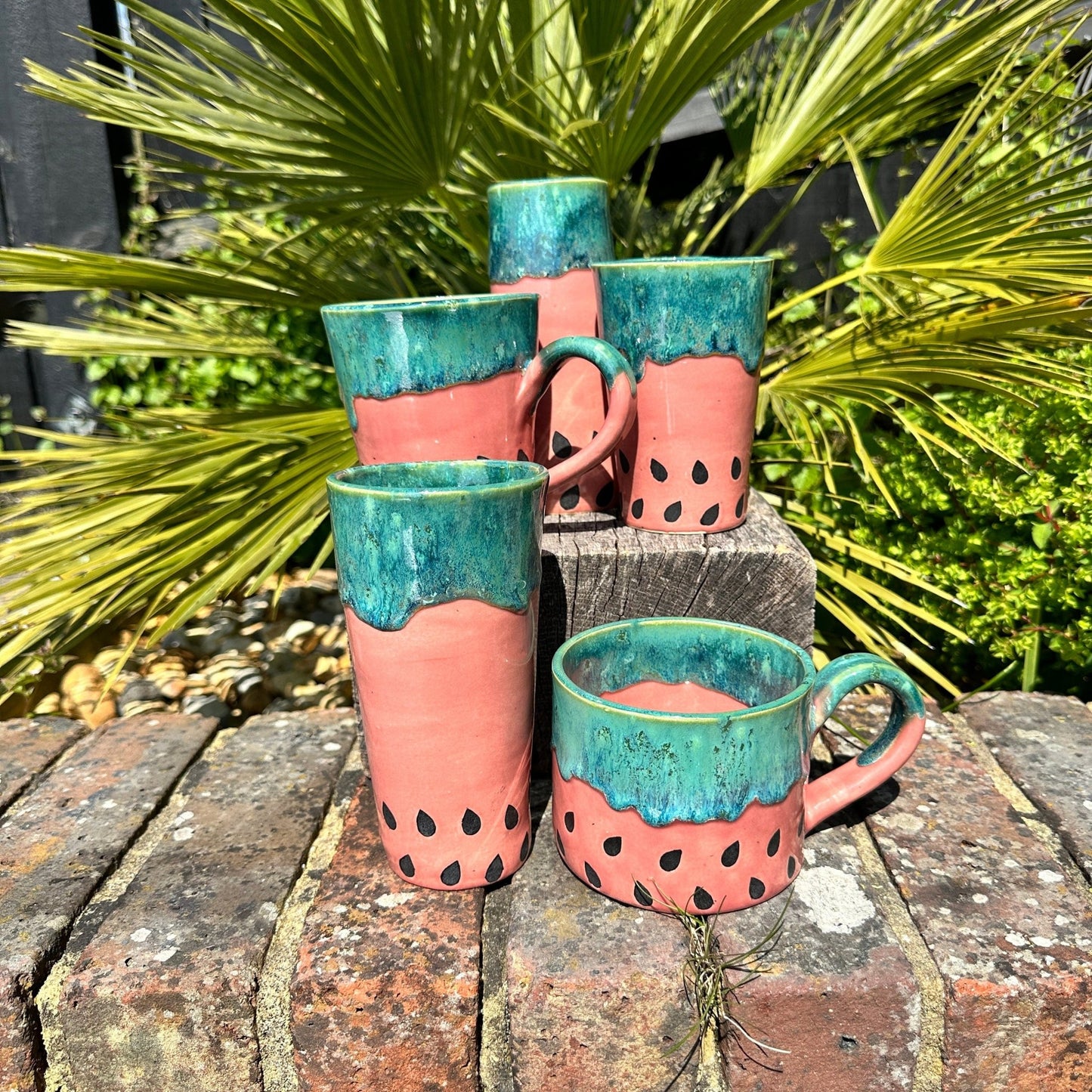 Ceramic Watermelon Drinks Tall Tumbler, Large Pink and Green Water Cup - FJD Ceramics
