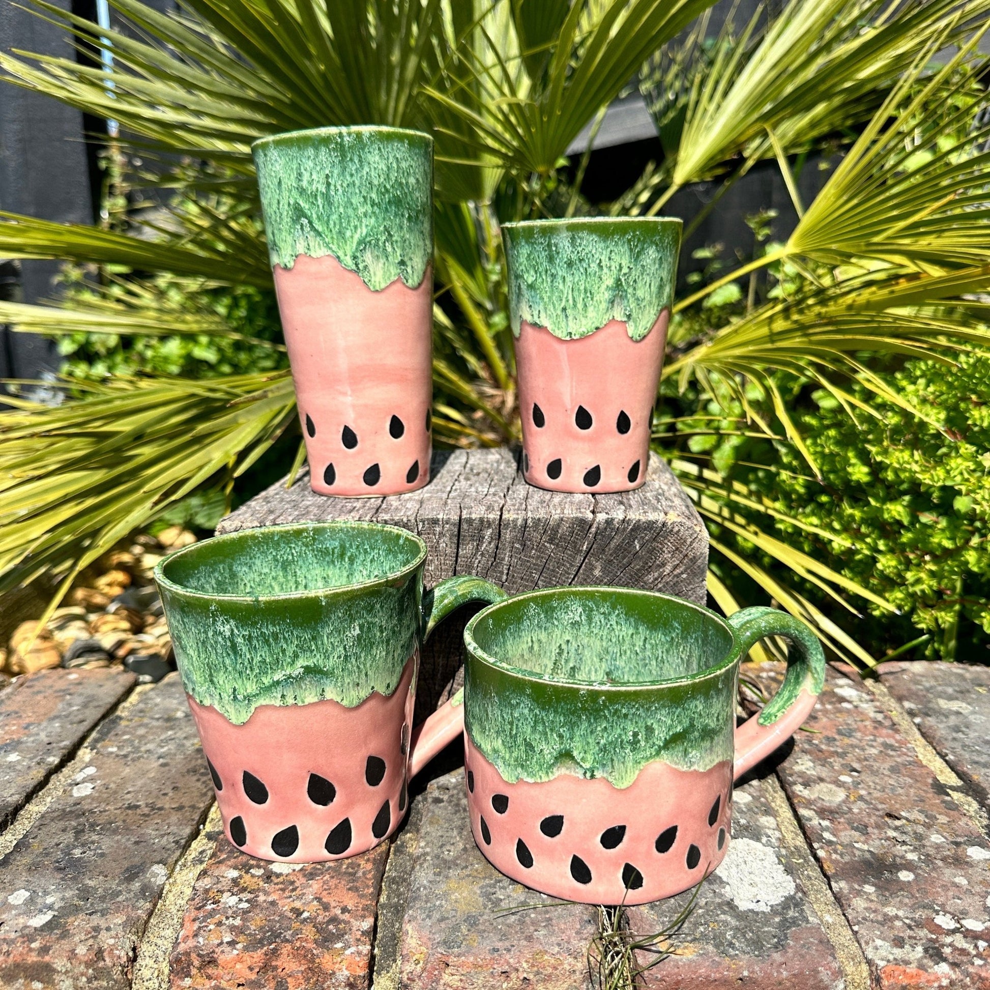Ceramic Watermelon Drinks Tall Tumbler, Large Pink and Green Water Cup - FJD Ceramics