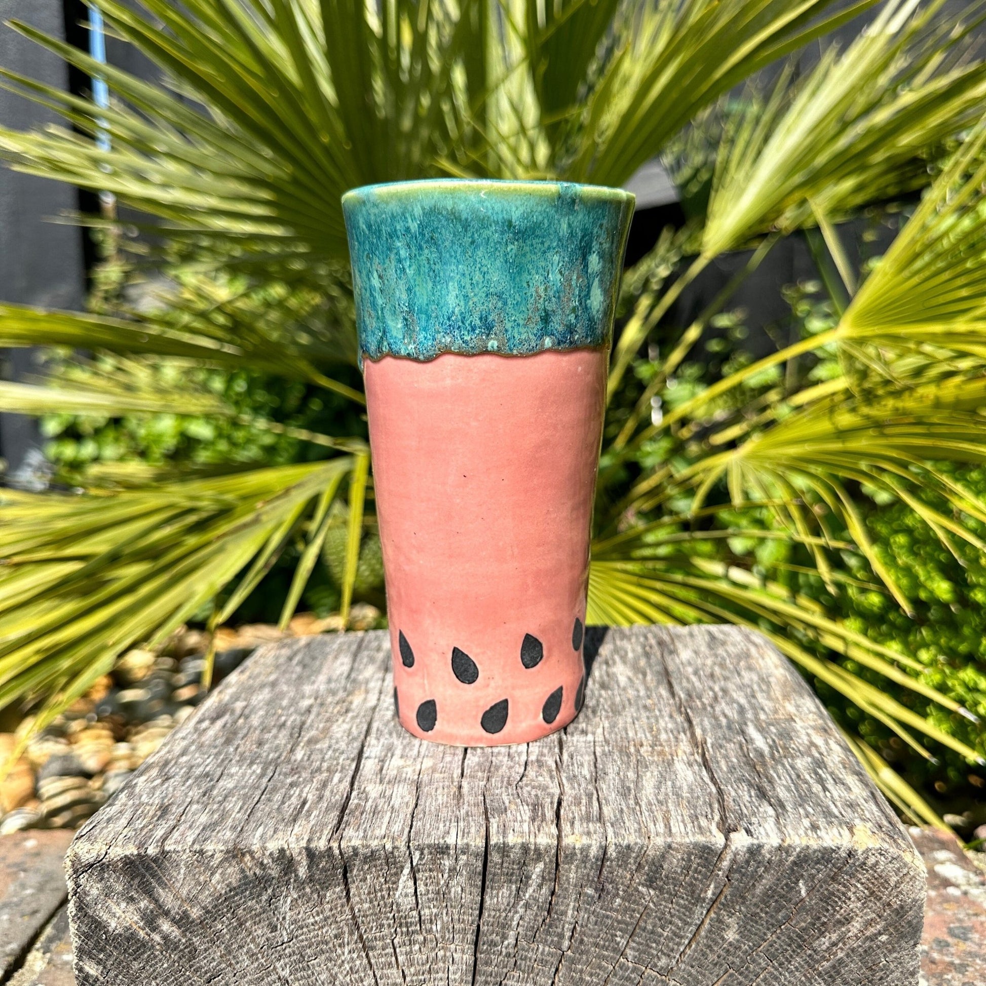 Ceramic Watermelon Drinks Tall Tumbler, Large Pink and Green Water Cup - FJD Ceramics