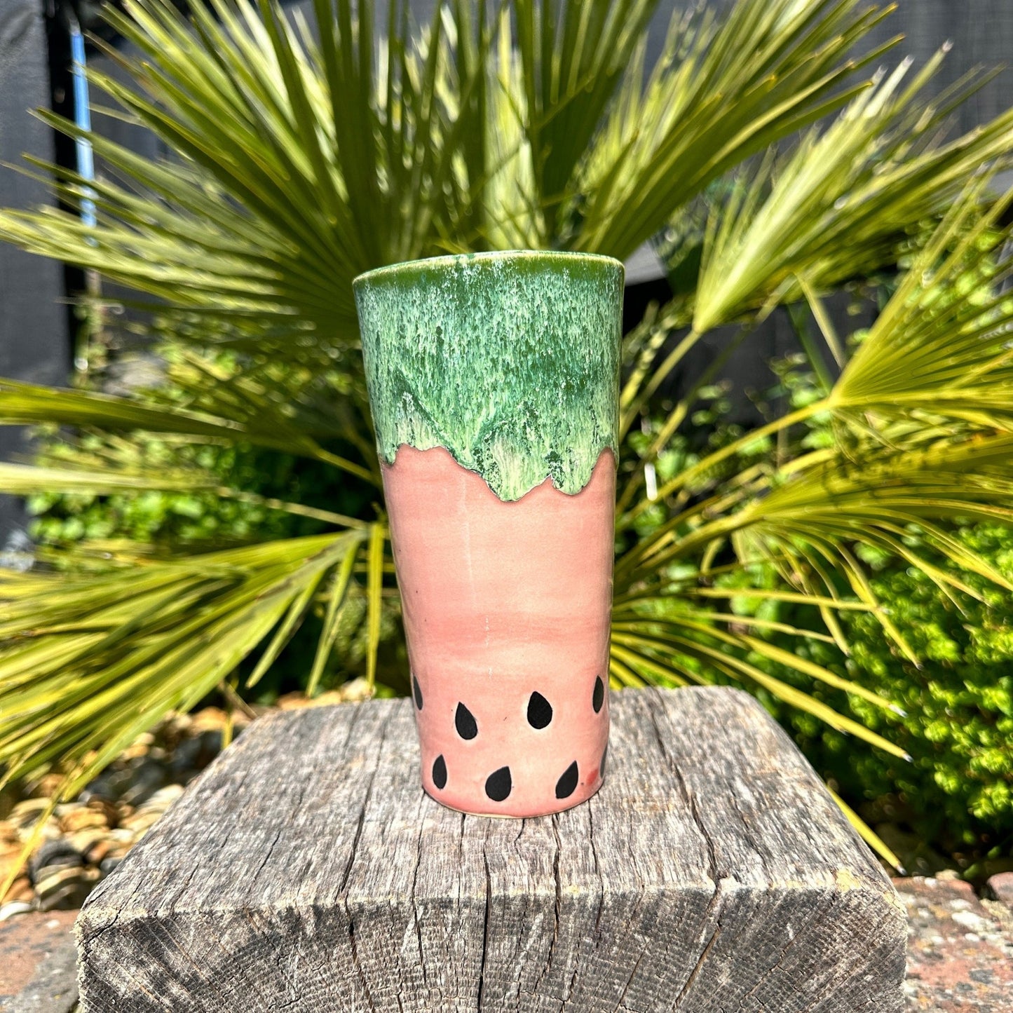 Ceramic Watermelon Drinks Tall Tumbler, Large Pink and Green Water Cup - FJD Ceramics