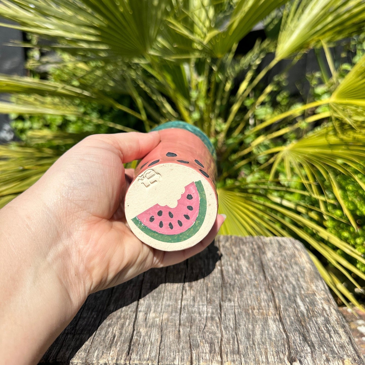 Ceramic Watermelon Drinks Tall Tumbler, Large Pink and Green Water Cup - FJD Ceramics