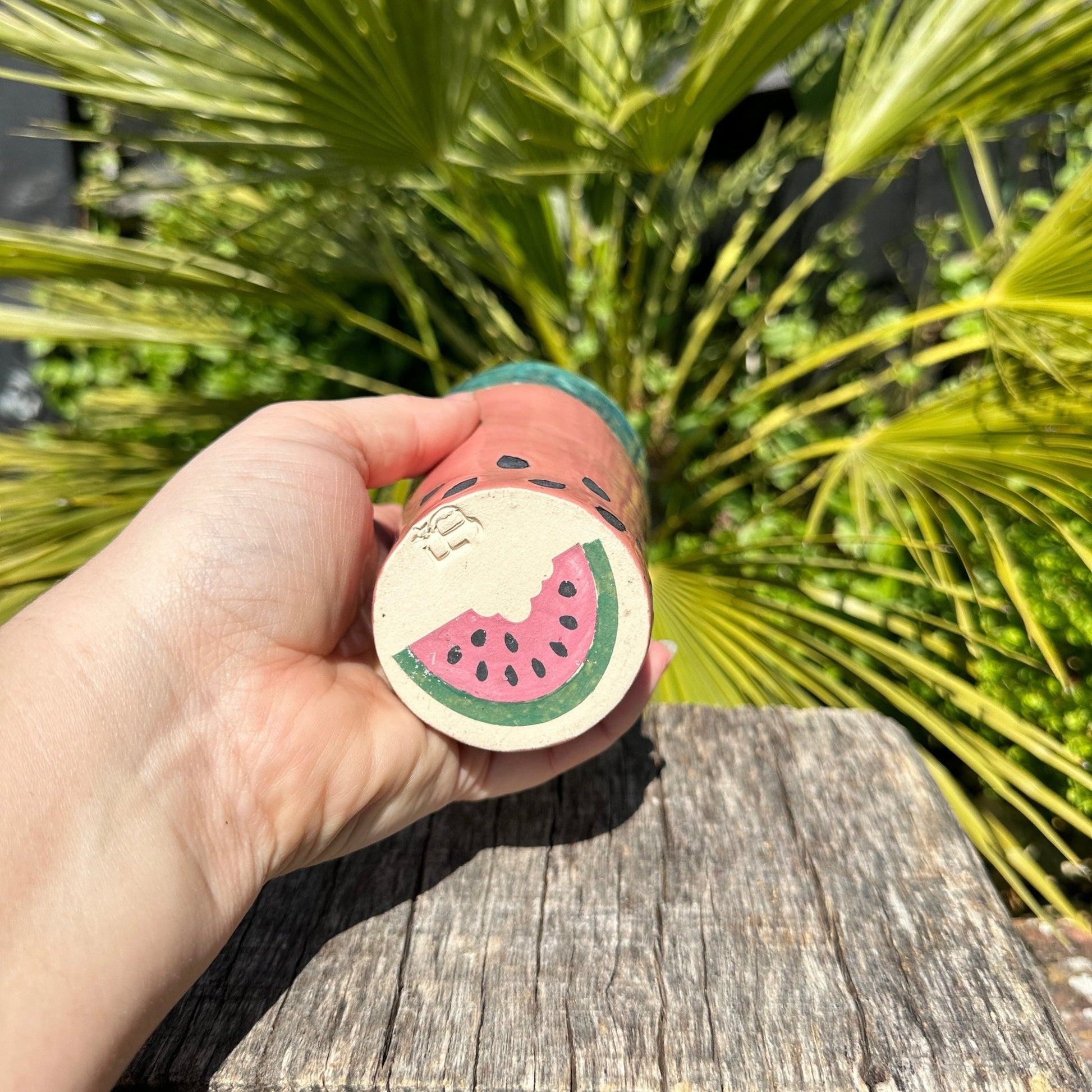 Ceramic Watermelon Drinks Tall Tumbler, Large Pink and Green Water Cup - FJD Ceramics