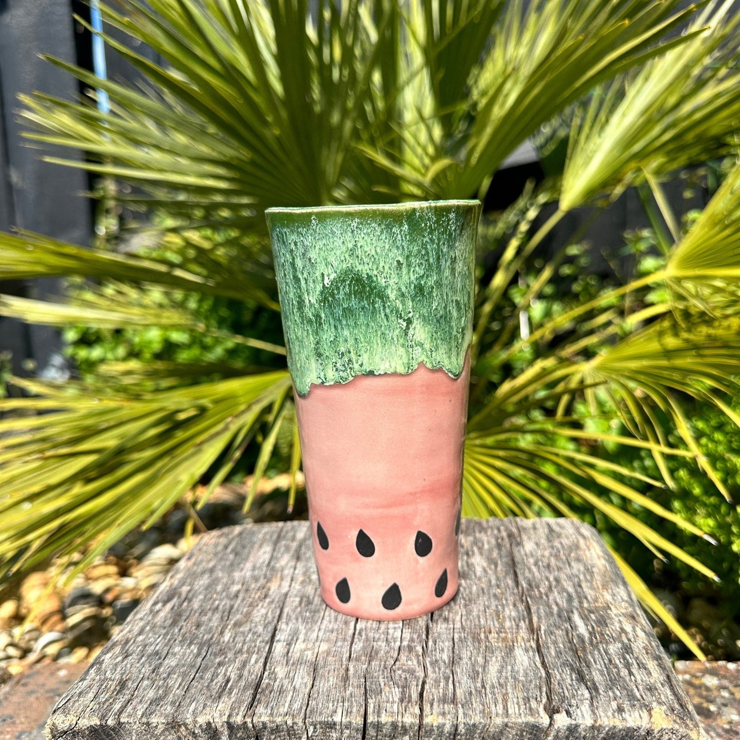 Ceramic Watermelon Drinks Tall Tumbler, Large Pink and Green Water Cup - FJD Ceramics