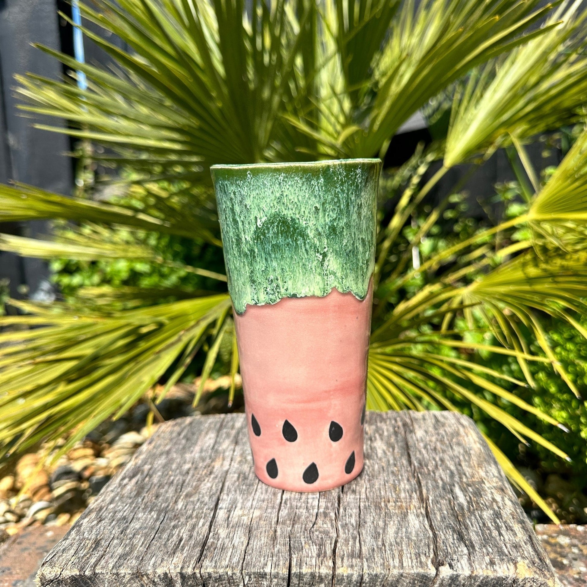 Ceramic Watermelon Drinks Tall Tumbler, Large Pink and Green Water Cup - FJD Ceramics