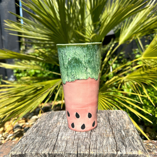 Ceramic Watermelon Drinks Tall Tumbler, Large Pink and Green Water Cup - FJD Ceramics