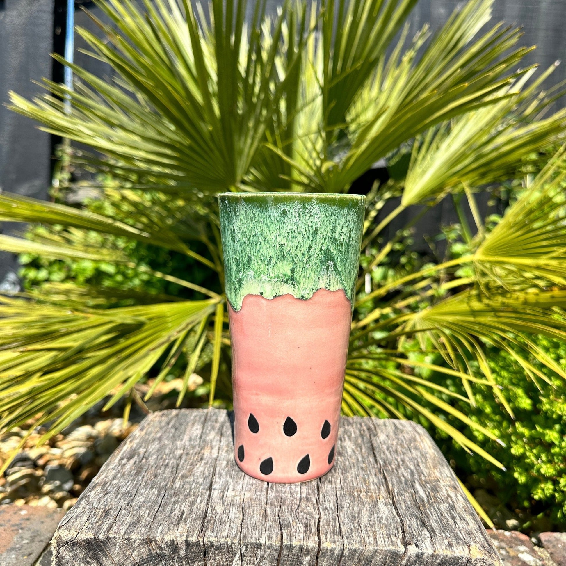 Ceramic Watermelon Drinks Tall Tumbler, Large Pink and Green Water Cup - FJD Ceramics