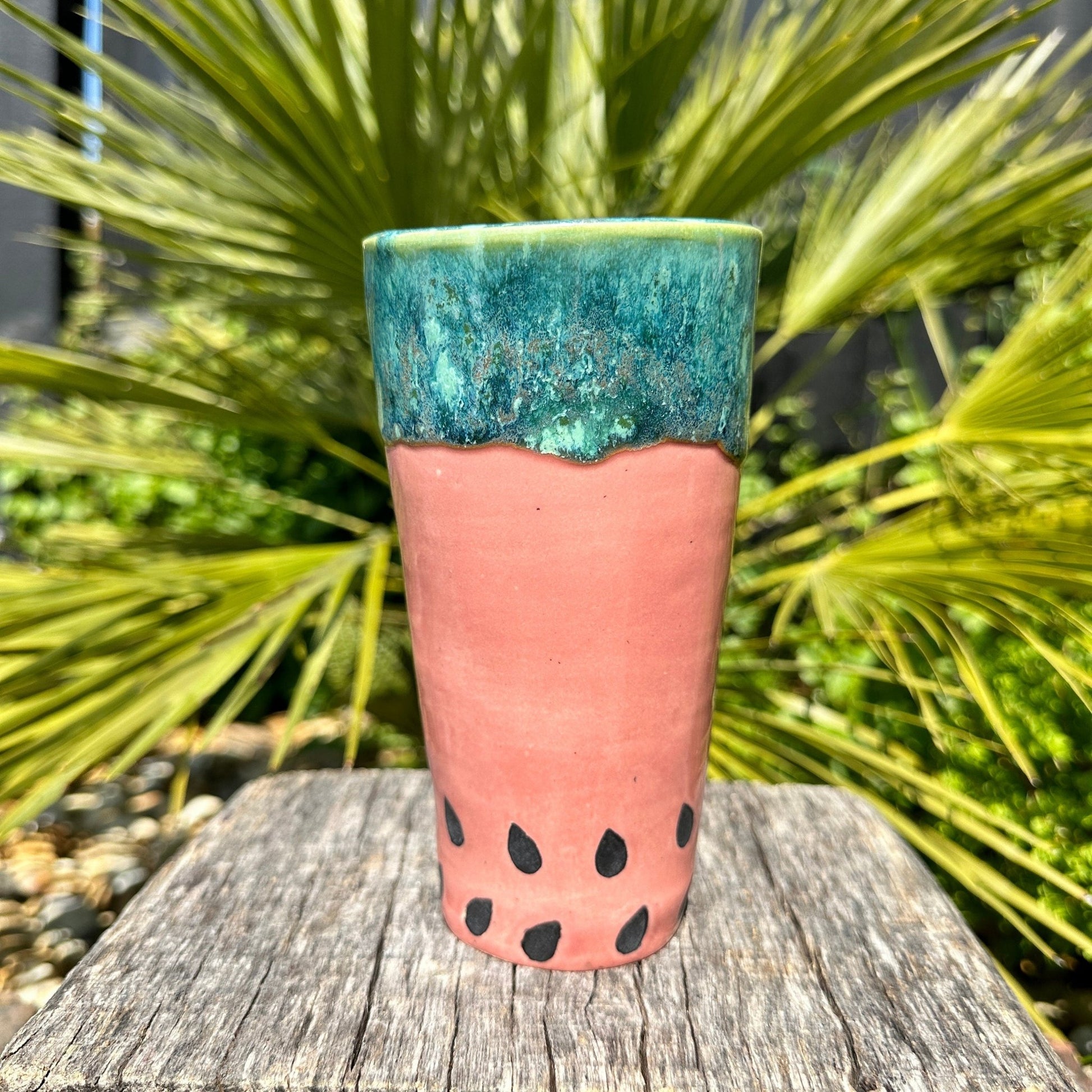 Ceramic Watermelon Drinks Tall Tumbler, Large Pink and Green Water Cup - FJD Ceramics