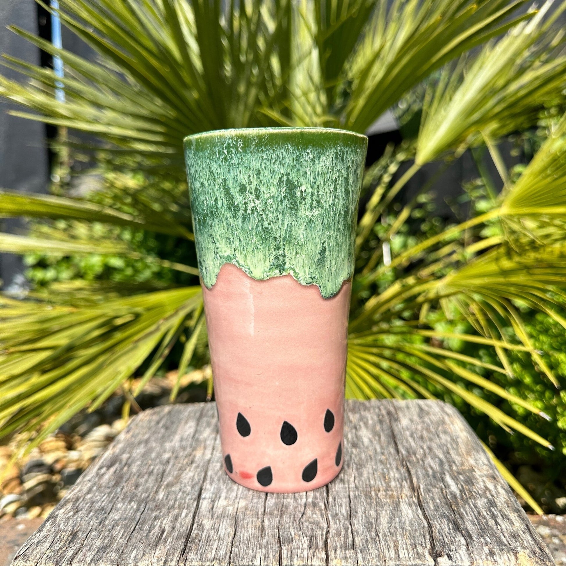 Ceramic Watermelon Drinks Tall Tumbler, Large Pink and Green Water Cup - FJD Ceramics