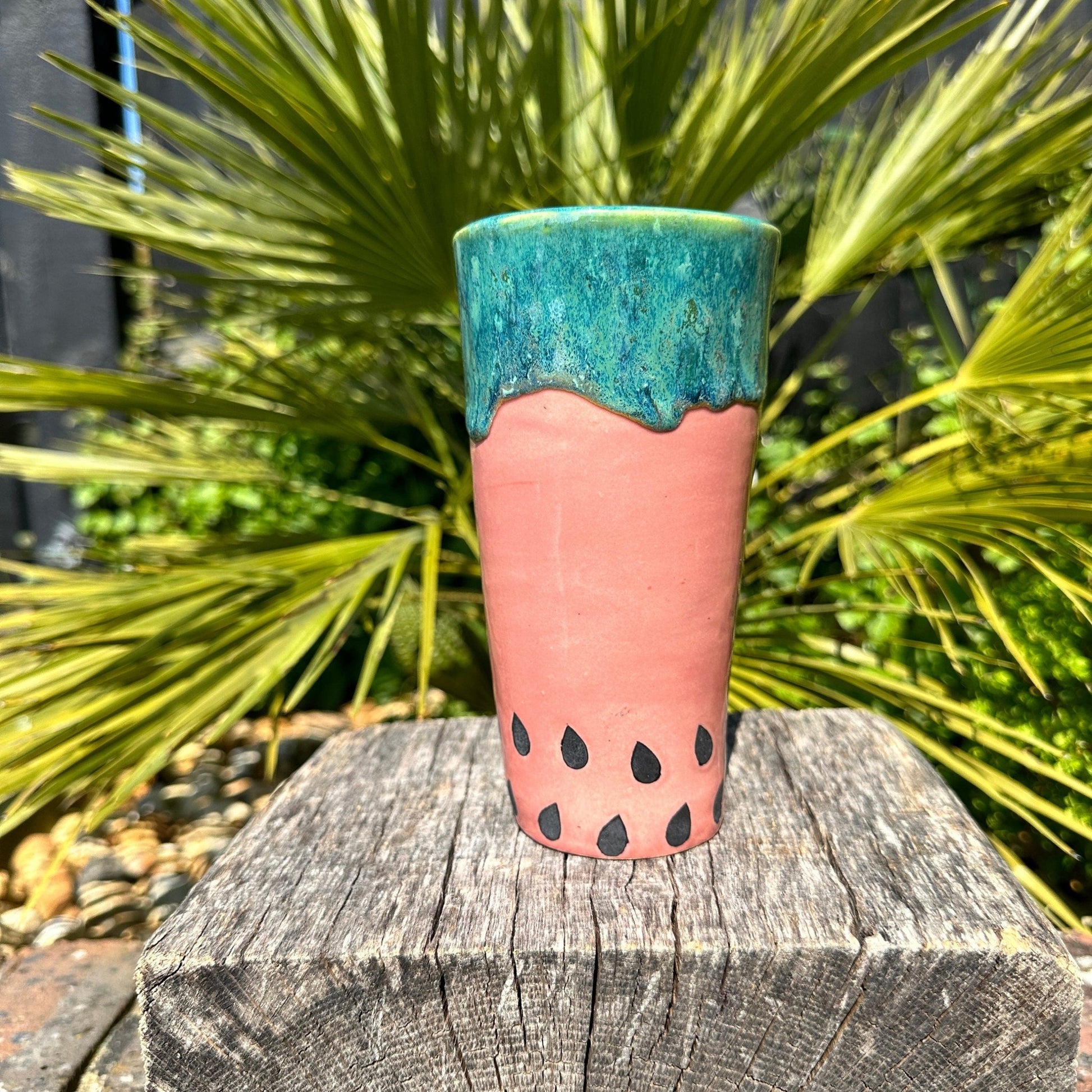 Ceramic Watermelon Drinks Tall Tumbler, Large Pink and Green Water Cup - FJD Ceramics