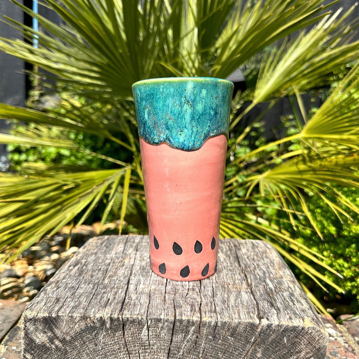 Ceramic Watermelon Drinks Tall Tumbler, Large Pink and Green Water Cup - FJD Ceramics