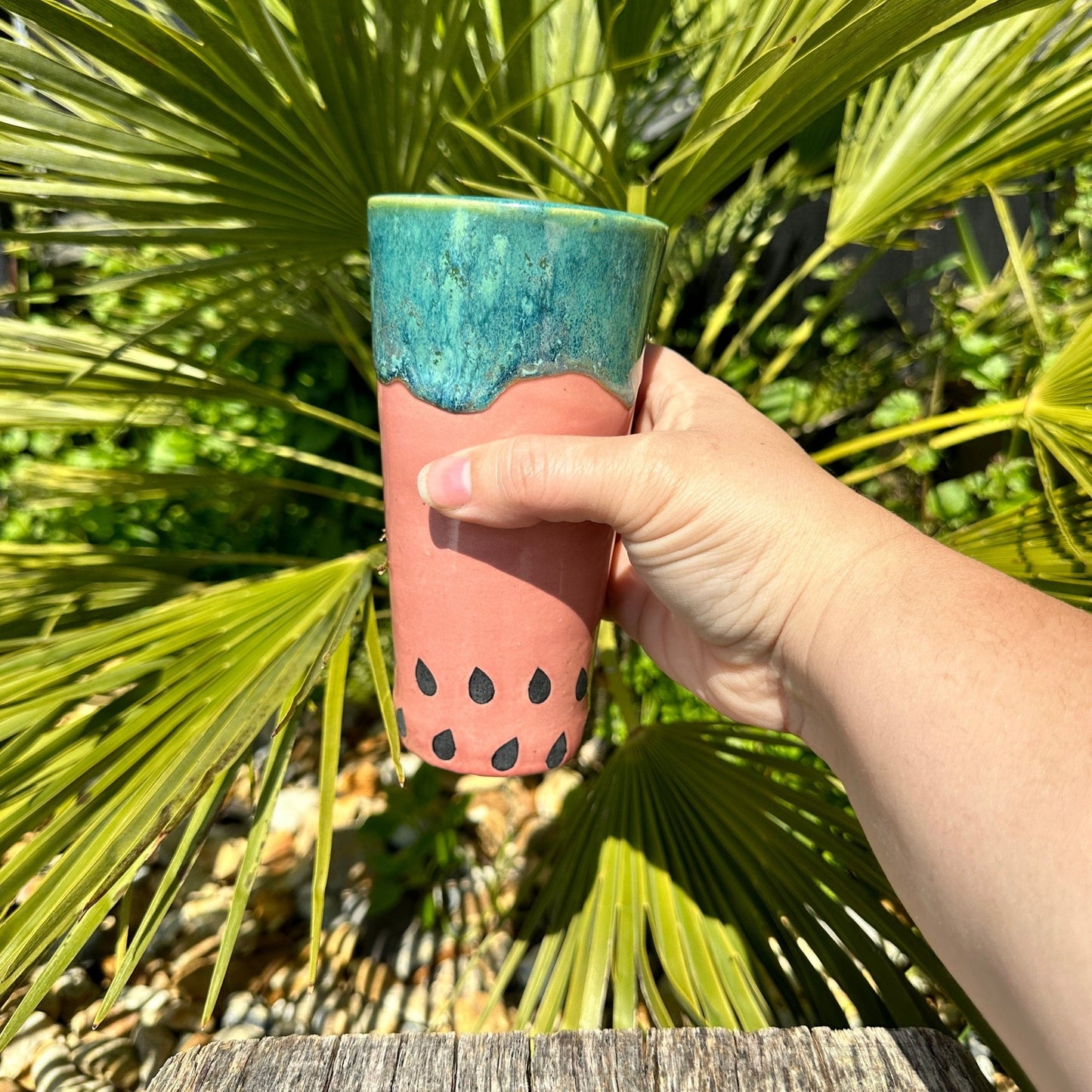 Ceramic Watermelon Drinks Tall Tumbler, Large Pink and Green Water Cup - FJD Ceramics