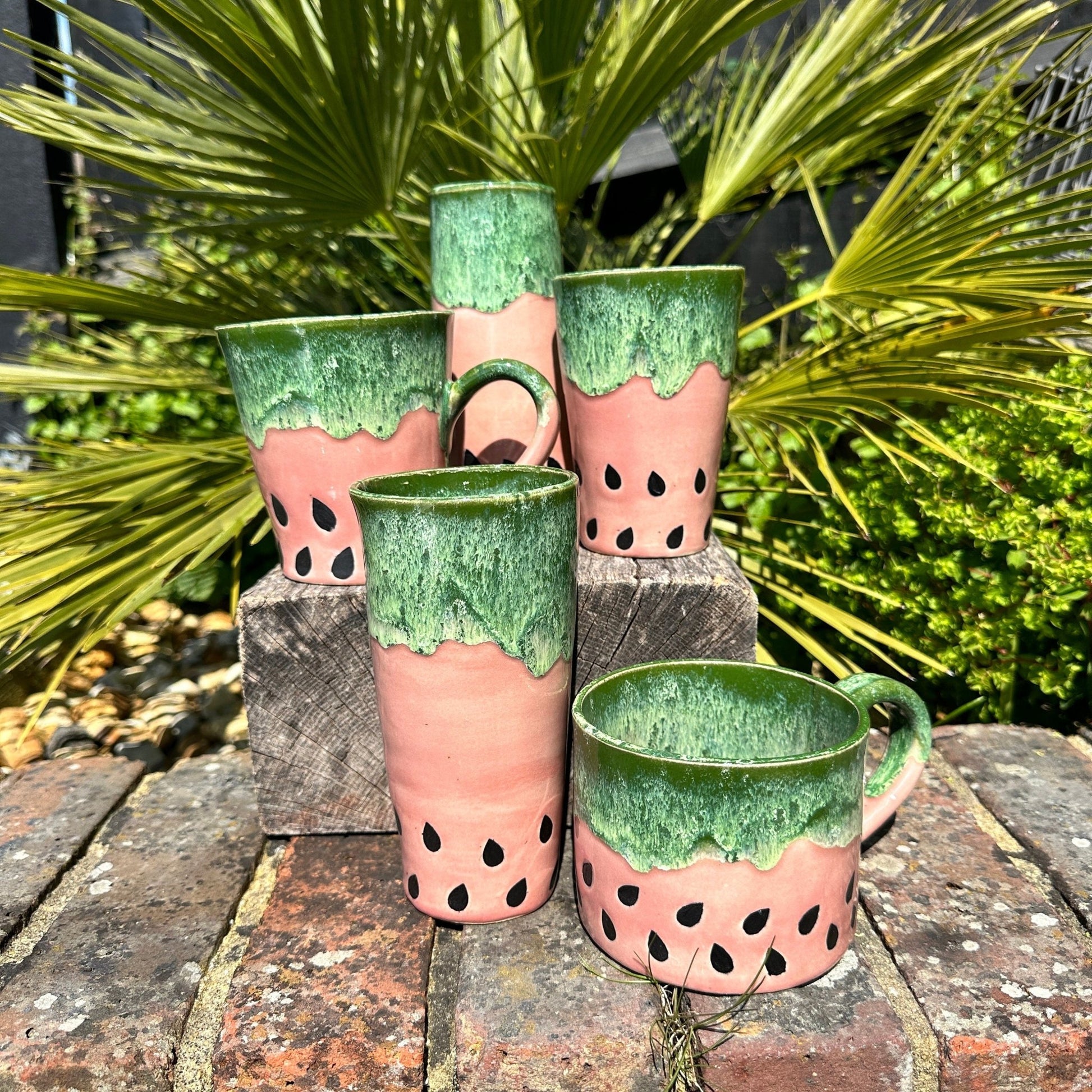 Ceramic Watermelon Drinks Tall Tumbler, Large Pink and Green Water Cup - FJD Ceramics