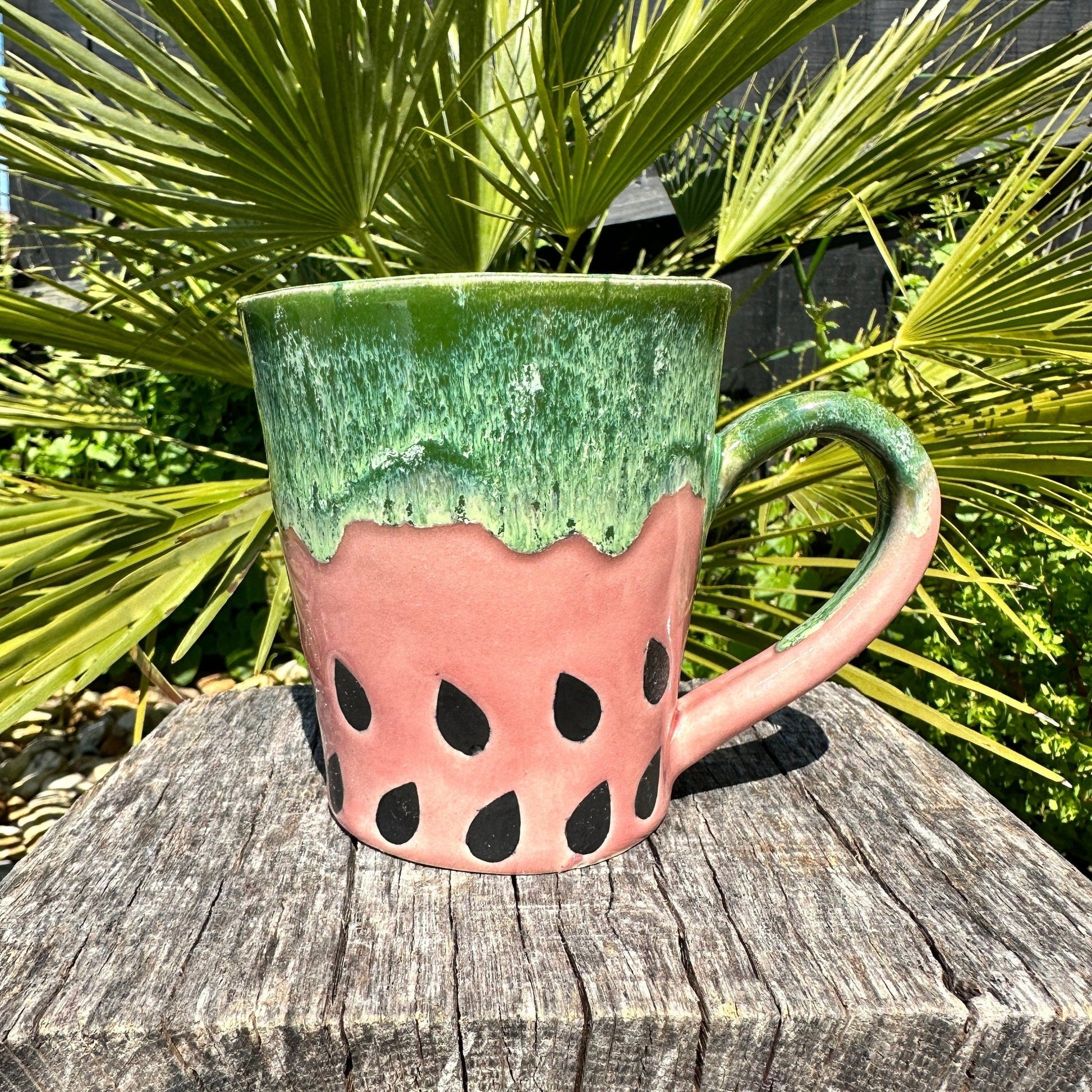 Ceramic Watermelon Mug, Large Pink and Green Cup - FJD Ceramics