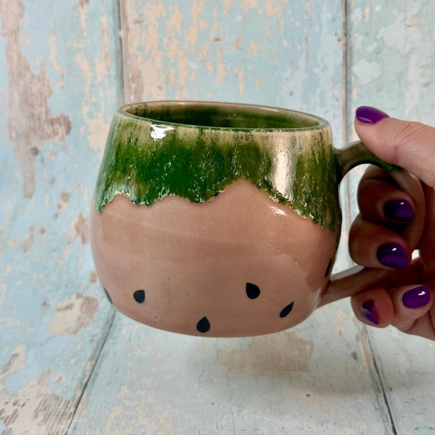 Ceramic Watermelon Mug, Large Pink and Green Cup - FJD Ceramics