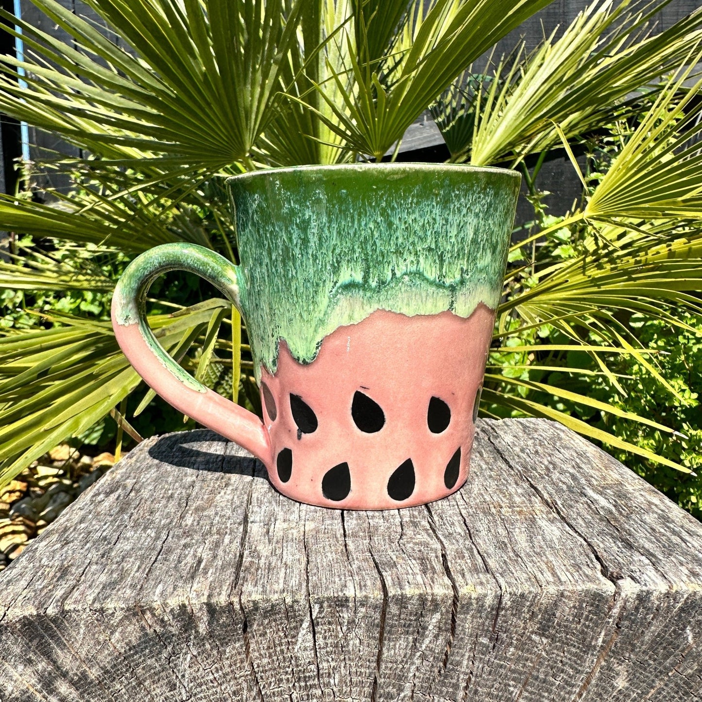 Ceramic Watermelon Mug, Large Pink and Green Cup - FJD Ceramics