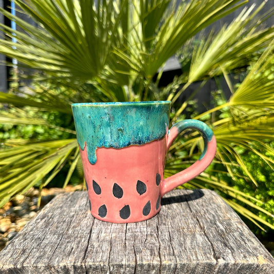 Ceramic Watermelon Mug, Large Pink and Green Cup - FJD Ceramics