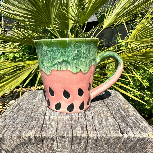 Ceramic Watermelon Mug, Large Pink and Green Cup - FJD Ceramics