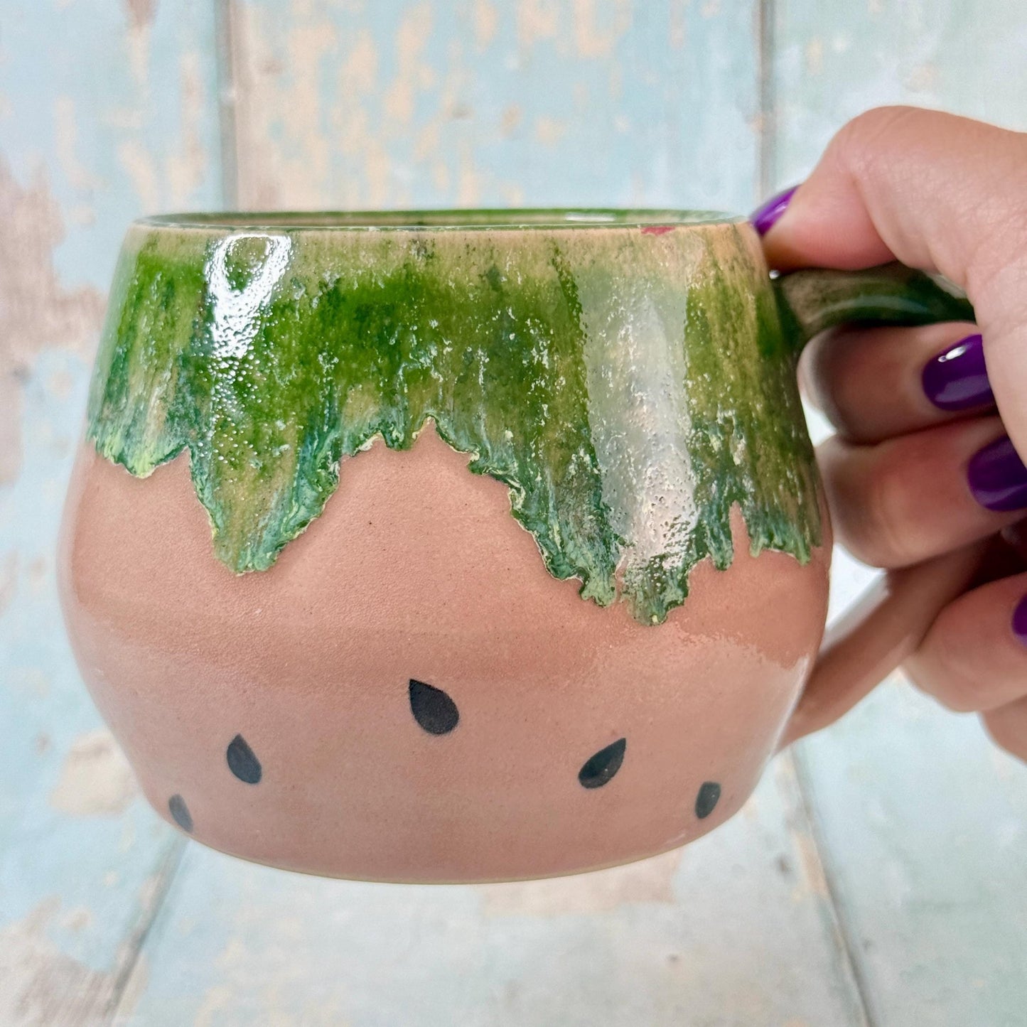 Ceramic Watermelon Mug, Large Pink and Green Cup - FJD Ceramics