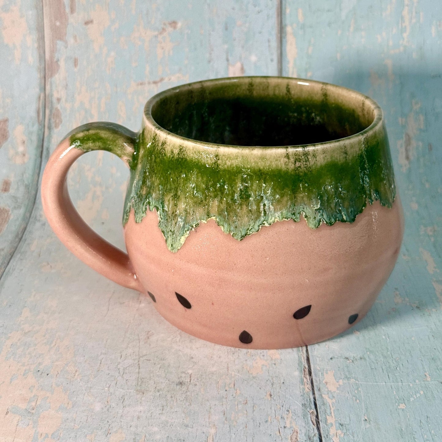 Ceramic Watermelon Mug, Large Pink and Green Cup - Second - FJD Ceramics