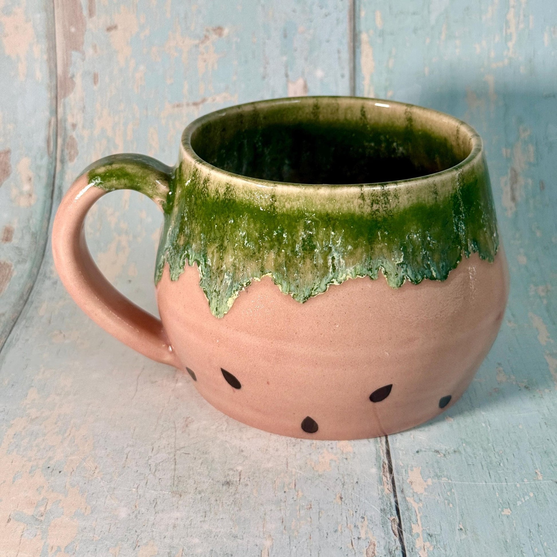 Ceramic Watermelon Mug, Large Pink and Green Cup - Second - FJD Ceramics