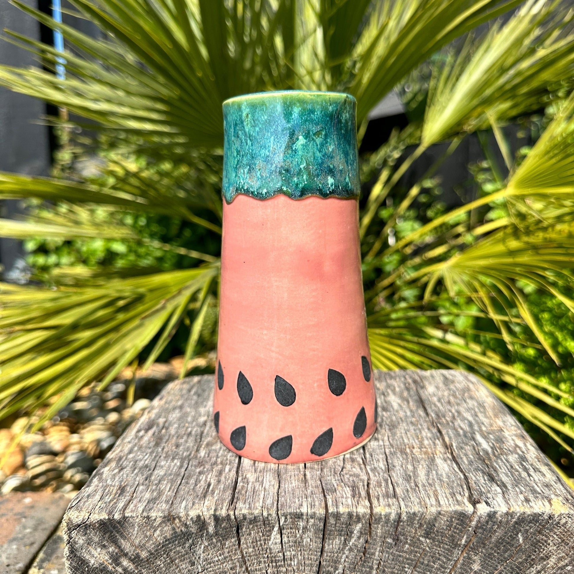 Ceramic Watermelon Vase, Handmade Modern Pottery, Pink and Green - FJD Ceramics