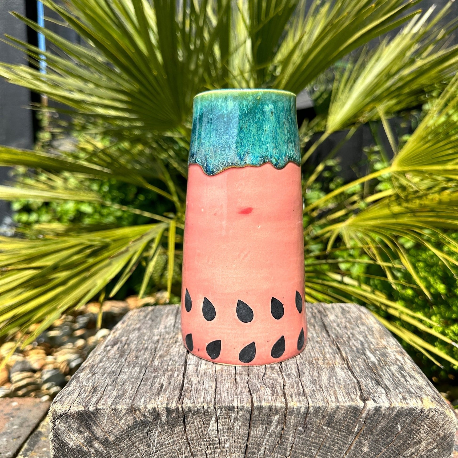Ceramic Watermelon Vase, Handmade Modern Pottery, Pink and Green - FJD Ceramics