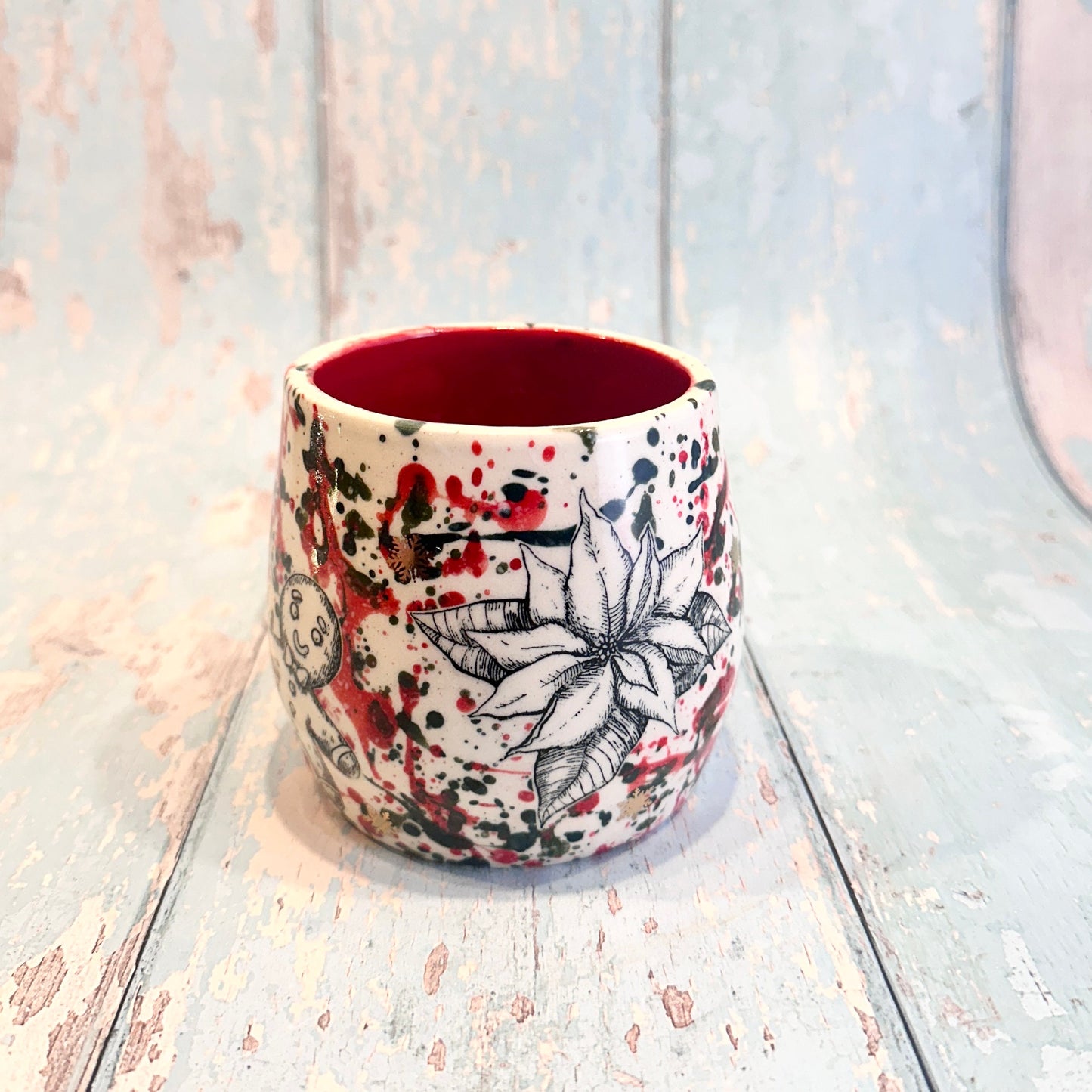Large Christmas Mug, Handmade Ceramic Cup, Green Red Gold