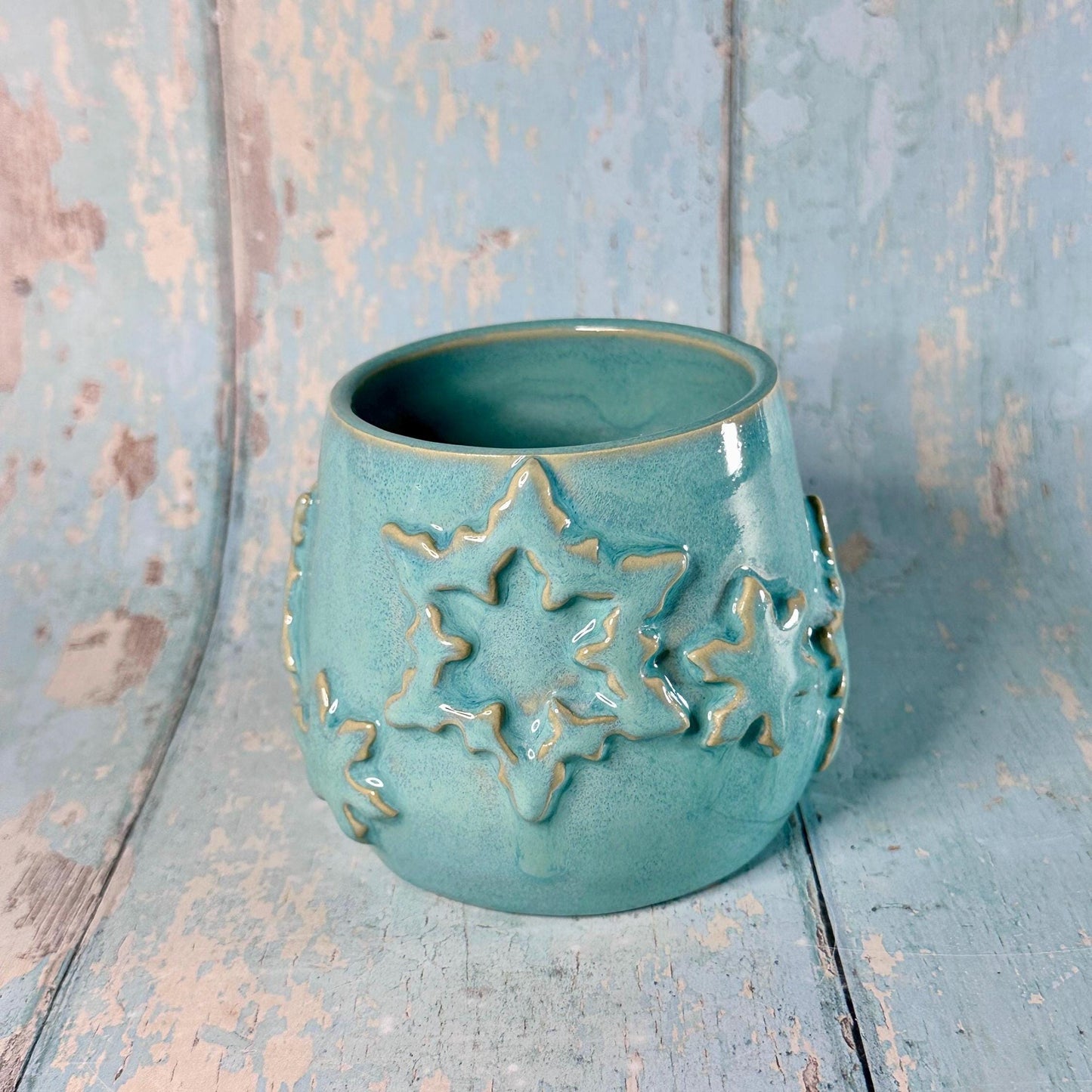 Turquoise Blue Christmas Snowflake Mug, Handmade Ceramic Cup