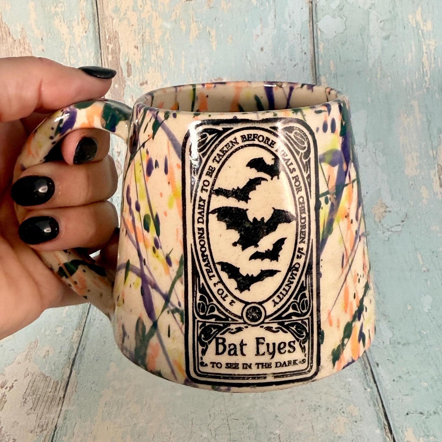 Colourful 'Bat Eyes" Witch Label Mug, Halloween Spooky Season Cup - FJD Ceramics