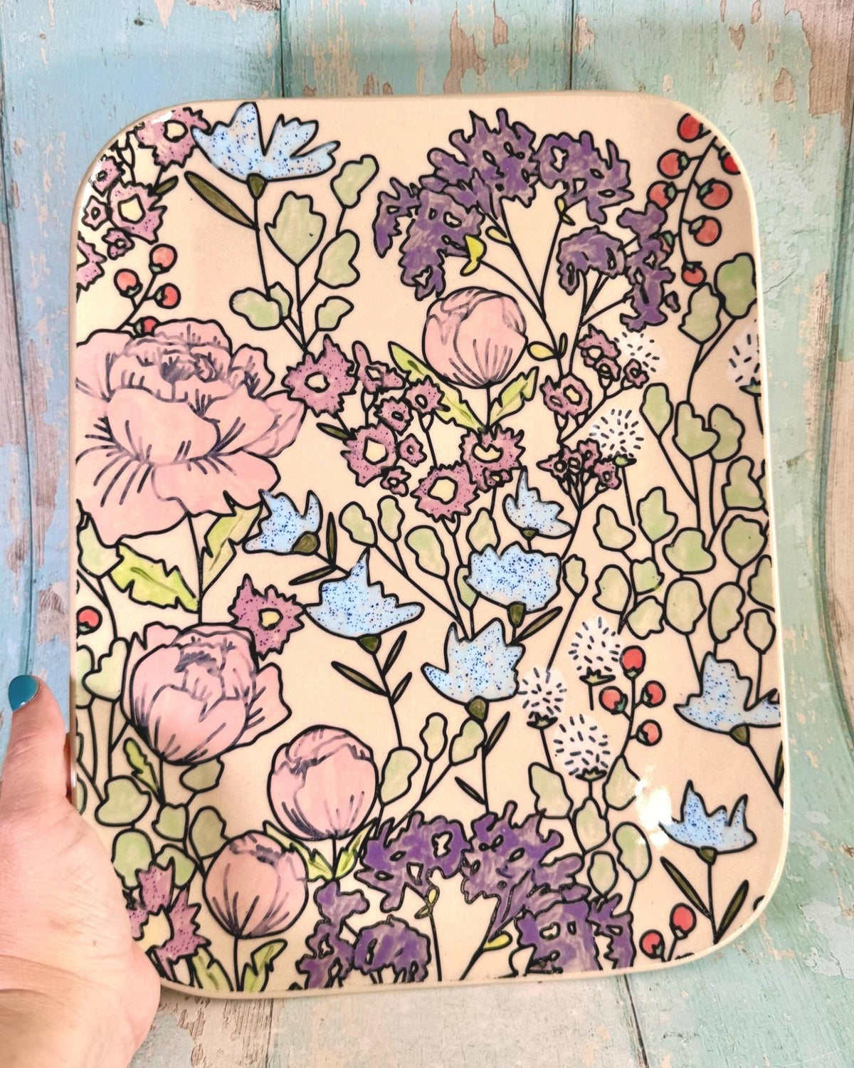 Colourful Floral Platter, Large Handmade Rectangle Ceramic Plate - FJD Ceramics