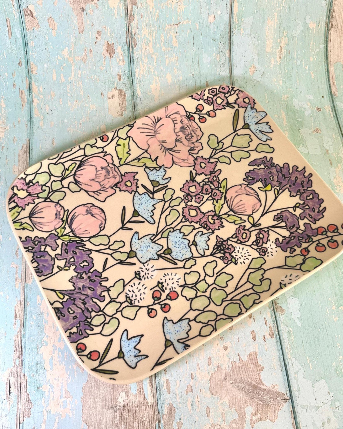 Colourful Floral Platter, Large Handmade Rectangle Ceramic Plate - FJD Ceramics